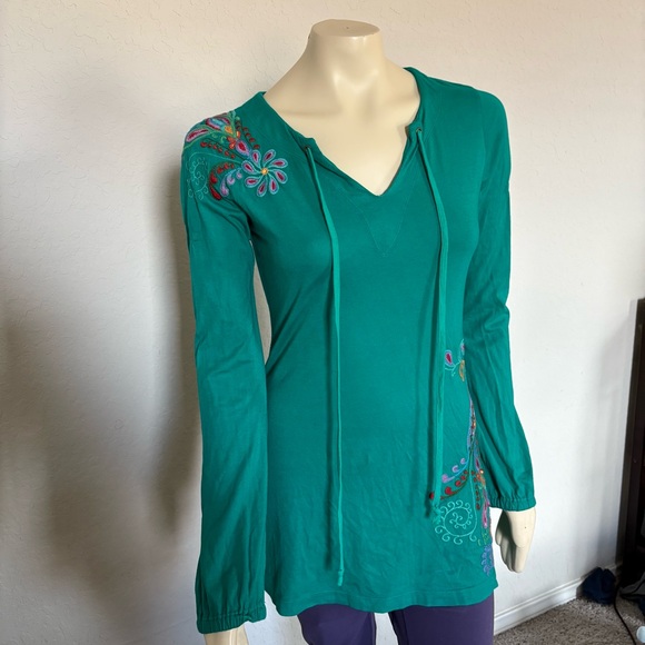 Johnny Was JWLA Womens Tunic Top Size Small Embroidered Boho Peacock - Picture 2 of 16
